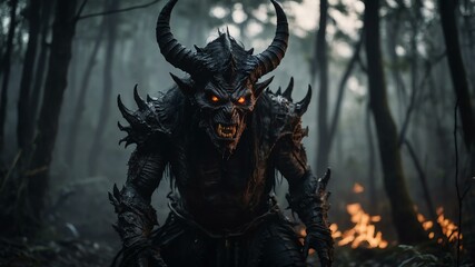 Fototapeta premium Scary Demon creatures on enchanted environmen background, cinematic view