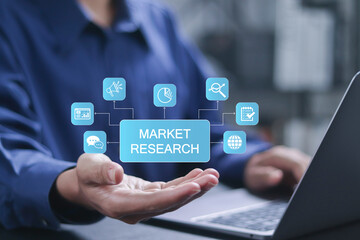 Concept of market research for business and social media marketing, The process of collecting, analyzing and tracking information about markets and consumers.