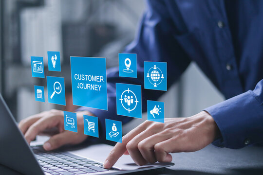 Customer journey concept. journey evaluation, Boost satisfaction, encourage repeat business and drive revenue growth. Businessman using laptop with customer journey icon on virtual screen.