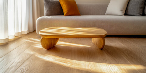 Sunlit wooden floor interior casting warm shadows across living space highlighting minimal decor natural lighting ideal for architecture and real estate marketing content