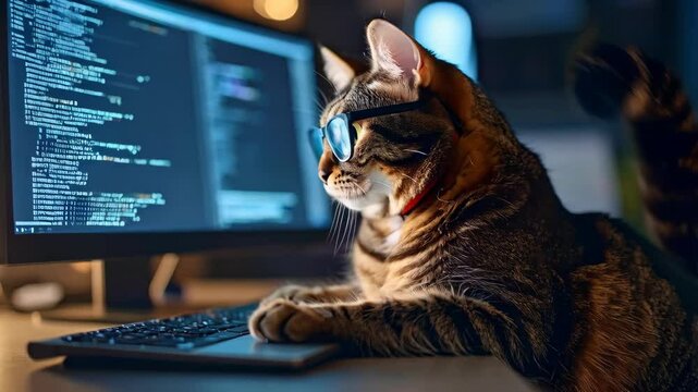 Striped tabby cat working on a computer coding with glasses on indoors at a desk in a brightly lit office