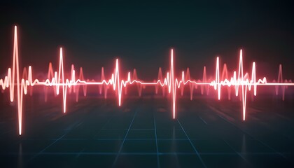 Digital simulation of a heartbeat waveform visualized as glowing holographic lines and pulses, vibrant red and white colors