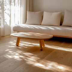 Sunlit wooden floor interior casting warm shadows across living space highlighting minimal decor natural lighting ideal for architecture and real estate marketing content
