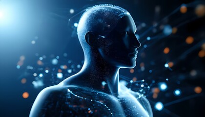 Digital avatar emerging from a human silhouette, half-real and half-holographic, surrounded by floating data points and virtual environment elements