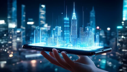 Hand holding a smartphone projecting a holographic city model above it, blending physical device and digital world