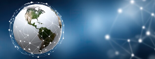 Visual representation of a futuristic global network with planet Earth composed of glowing elements set against a dark blue backdrop