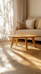 Sunlit wooden floor interior casting warm shadows across living space highlighting minimal decor natural lighting ideal for architecture and real estate marketing content