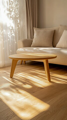 Sunlit wooden floor interior casting warm shadows across living space highlighting minimal decor natural lighting ideal for architecture and real estate marketing content
