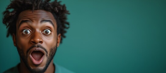 Obraz premium Young African American man with a surprised expression, set against a plain green background. The scene captures a moment of intense emotion.