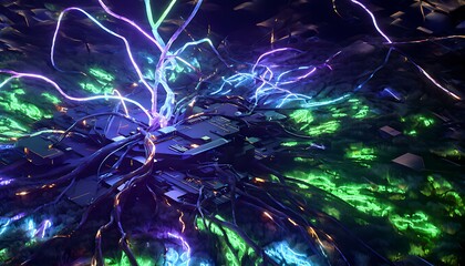 Bio-digital symbiosis — a surreal fusion of organic plant roots intertwining with glowing circuit boards and fiber optics