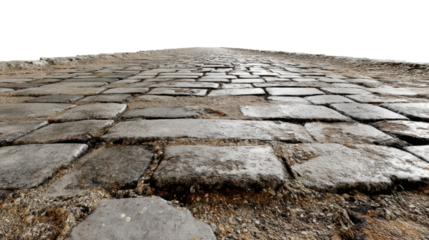 Cobblestone road disappearing into the distance with transparent background