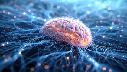 intricate mesh of glowing neural fibers wrapping around a human brain
