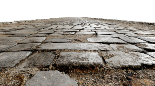 Cobblestone road disappearing into the distance with transparent background
