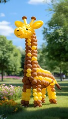 A vibrant balloon sculpture of a giraffe, crafted from balloons in shades of yellow and brown