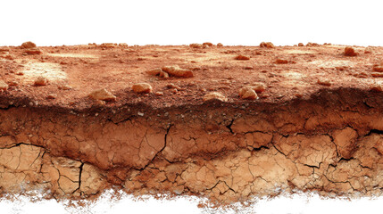 Fototapeta premium Cross section of dry cracked red soil revealing underground layers on transparent background