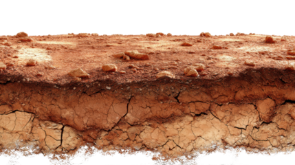Cross section of dry cracked red soil revealing underground layers on transparent background