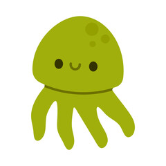 Green jellyfish with a soft smile and wavy tentacles, perfect for marine-themed educational content and children's products