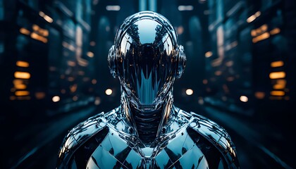 A futuristic robot made of mirrors, reflecting its surroundings and distorting reality