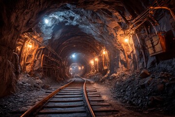 Fototapeta premium The underground mine features well-defined tracks leading into darkness, illuminated by warm lights that enhance the rustic, rugged environment. Dust hangs in the air, adding to the mystery