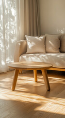 Sunlit wooden floor interior casting warm shadows across living space highlighting minimal decor natural lighting ideal for architecture and real estate marketing content