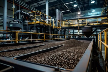 Fototapeta premium Coffee beans moving on conveyor belt in roasting plant