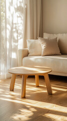 Sunlit wooden floor interior casting warm shadows across living space highlighting minimal decor natural lighting ideal for architecture and real estate marketing content