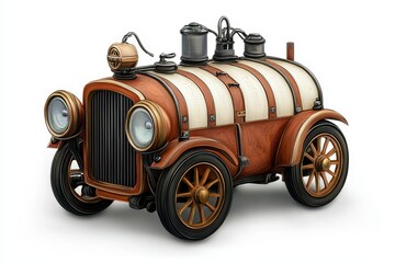 Rustic Steampunk Style Car with Striped Fuel Tank on White Background