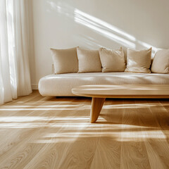 Sunlit wooden floor interior casting warm shadows across living space highlighting minimal decor natural lighting ideal for architecture and real estate marketing content