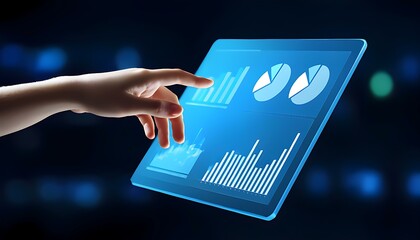 Close-up of a hand interacting with a transparent touchscreen displaying financial data, pie charts, and bar graphs