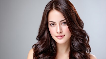 Fototapeta premium Attractive woman with long, wavy brown hair smiles confidently in a studio against a neutral background, highlighting her hair's shine