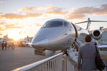 Businessman walking up the stairs to a private jet on an airport tarmac, early morning light, sleek aircraft body reflecting sunrise, candid and professional mood.