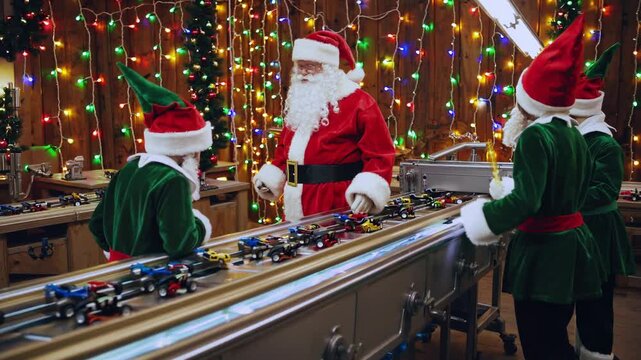 Santa claus and elves inspecting toy cars on assembly line