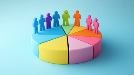 3D pie chart divided into sections with colorful human figures standing in front of it 