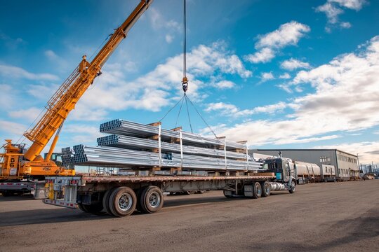 A crane is actively lifting long steel beams off a flatbed truck in a busy construction area under a clear blue sky. The scene showcases industrial activity and transportation