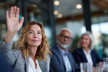 Professional woman raising hand to ask a question during a corporate board meeting, business team in formal attire, modern glass conference room.