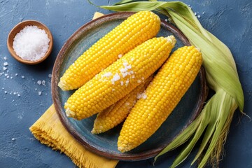 Freshly harvested yellow corn cobs arranged on a rustic plate with a sprinkle of salt, surrounded by green husks and a small bowl of salt, showcasing vibrant colors and textures