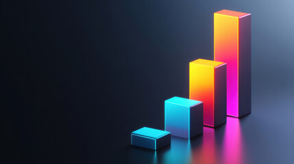 Colorful bar chart growing on dark background with neon lights