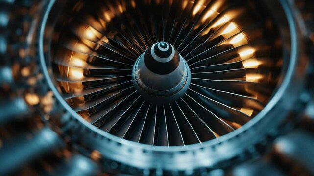 A detailed view inside a jet engine showcasing the intricate design and mechanics. It offers a look at the powerful blades and inner workings.