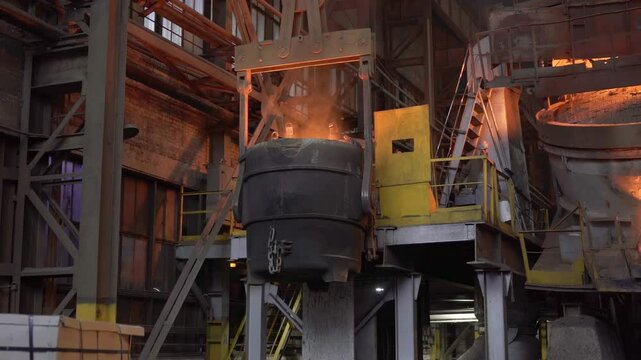 Molten metal pouring into a container in steel mill. Stock clip