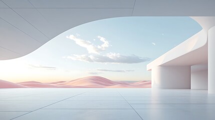 Obraz premium Minimalist Architecture Overlooking Calm Hills Under Blue Sky, Modern Aesthetic Design and Serene Landscape Presentation.