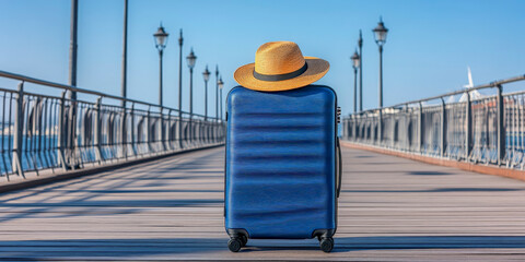 Stylish suitcase and straw hat poised on wooden pier perfect scene for travel blog adventure packing and vacation planning imagery