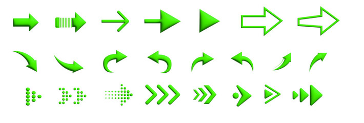 Set of new style green vector arrows isolated on white. Arrow vector icon. Arrows vector illustration collection 3d