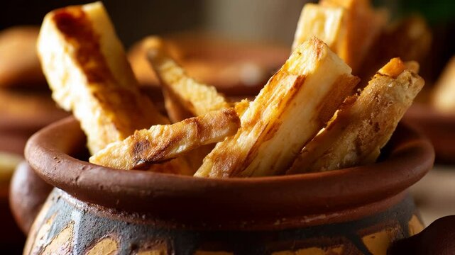 Golden-brown yuca fries in a rustic clay pot, perfect for a delicious snack or side dish. The close-up shot highlights their crispy texture.
