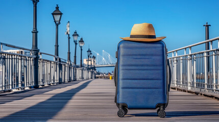 Stylish suitcase and straw hat poised on wooden pier perfect scene for travel blog adventure packing and vacation planning imagery