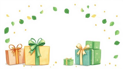 Niedliche Geburtstagsgeschenke mit gr&uuml;nen und gelben Schleifen auf wei&szlig;em Hintergrund, ideal als Rahmenmotiv mit Textfreiraum.