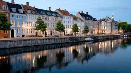 Obraz premium Evening falls over the city, illuminating the houses along the canals with a warm glow and reflections in the calm waters.