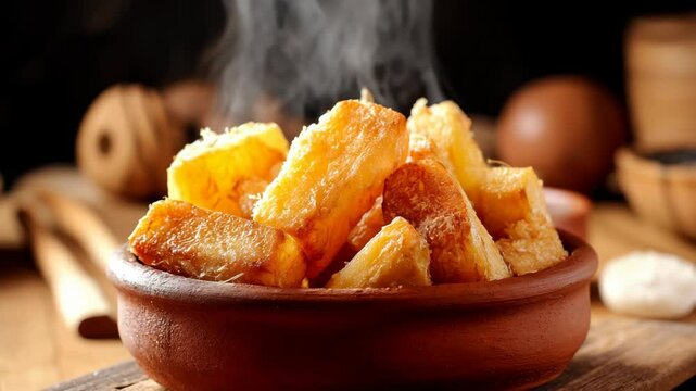 Close-up shot of a terracotta bowl filled with delicious, steaming yuca fries, ready to be enjoyed. They are served hot.