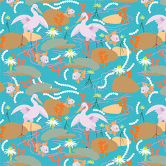 LANDSCAPE PRINT WITH HERONS FISHING FISH WITH A RIVER FULL OF AQUATIC PLANTS, PATTERN FOR PRINTING ON FABRIC OR VARIOUS SURFACES
