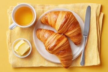 Freshly baked croissants served on a white plate with butter and a cup of tea, arranged on a vibrant yellow tablecloth, creating a warm breakfast atmosphere