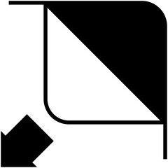 Package corner peel graphic symbol, revealing underlying surface with arrow pointing to peeling direction.